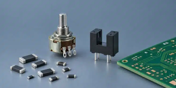 Concept illustration of TT Electronics resistor and sensing technologies with chip resistors, a shaft potentiometer and a slotted optical sensor